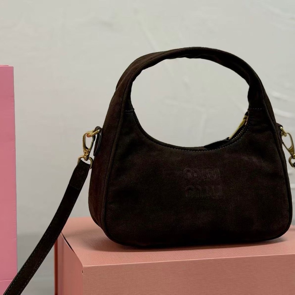 Miu Miu Brown Suede Mini Hobo Handbag with Detachable Strap